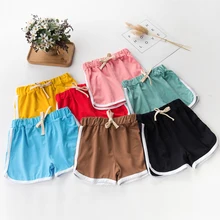 Летние повседневные шорты для мальчиков детские трусы на верёвочках из хлопка для мальчиков, брюки выше колена для девочек Однотонные шорты в полоску