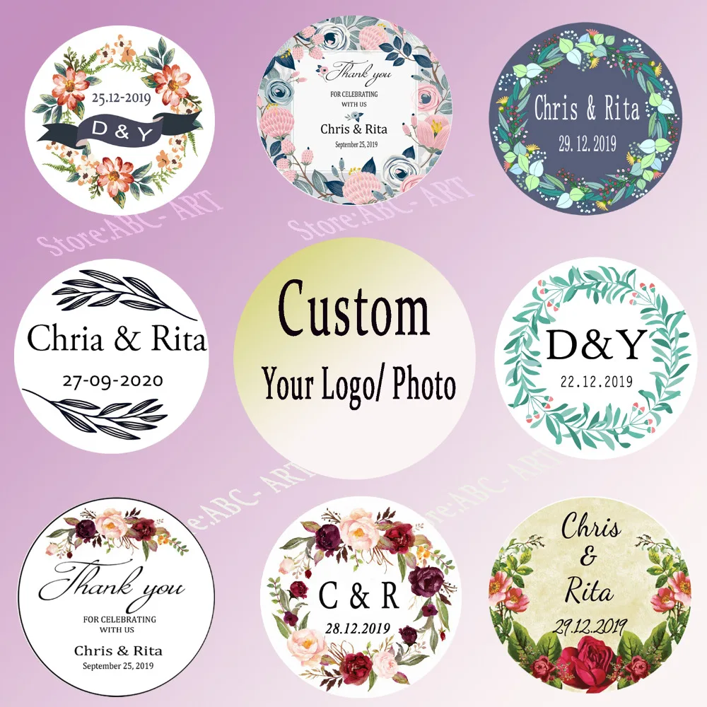 

Custom Wedding Stickers Candy Favors Gift Boxes Handmade Gift tag Wreath Flower Labels Envelope Seals 3-6cm Circle