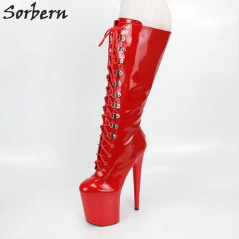 

Sorbern Red Heels 20cm High Platform ABS Soles Boots Custom Wide Calf Leg Red Shoes Woman Black/White Lace-up Boots Side Zipper
