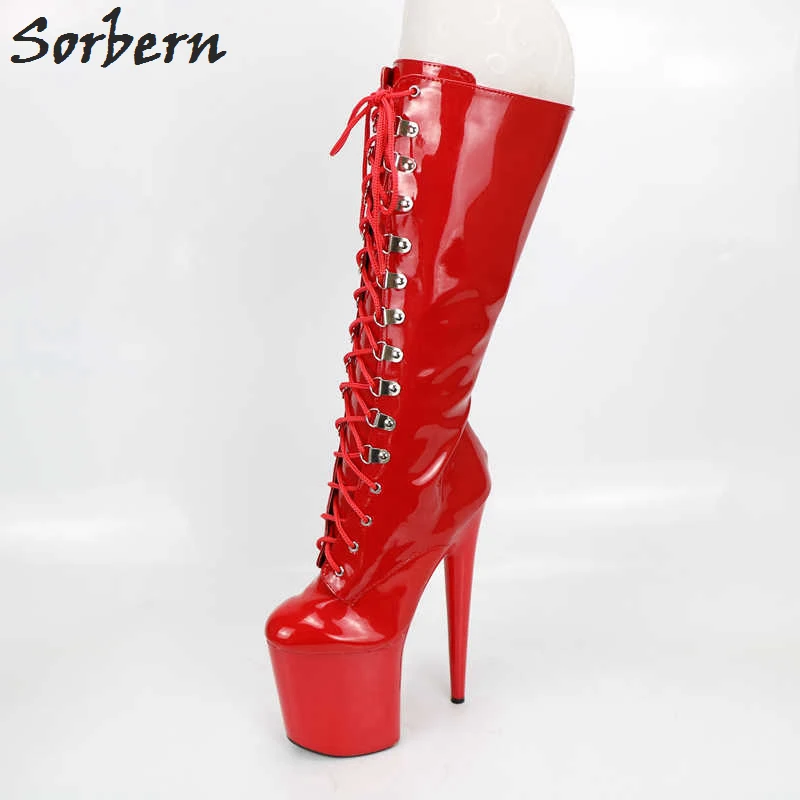 Mujer Sorbern Zapatos Plataforma De 20 Alta Cm Suelas Negro Pierna Tacones Cremallera Lateral blanco Botas Con Rojo Piel fqHfBO