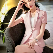 Летние розовые Блейзер Для женщин Бизнес Костюмы формальные офис Костюмы Повседневная обувь дамы юбка и куртка Наборы для ухода за кожей короткий рукав