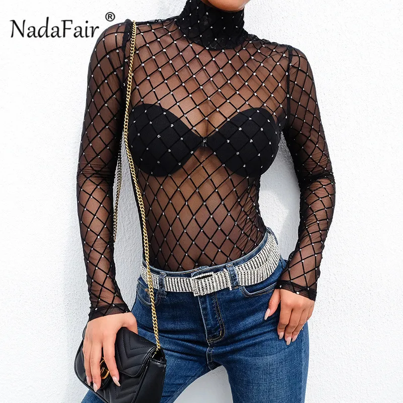 

Nadafair Long Sleeve Bodysuit Women Skinny Turtleneck Mesh Romper Jumpsuit 2019 Sexy Club Party Transparent Black Body Female