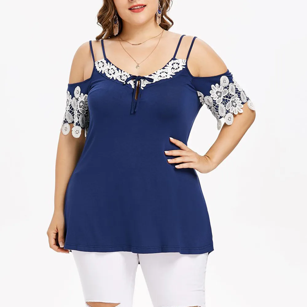Women Plus Size Cold Shoulder Lace Applique Stitching 12 Sleeved Top Blouse  (5)