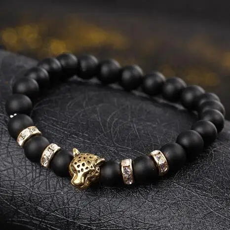 

Natural stone Beads men bracelets Lucky Charm Matte Black Natural stone Beads Onyx Stone Matt Tiger Leopard Bracelets for men