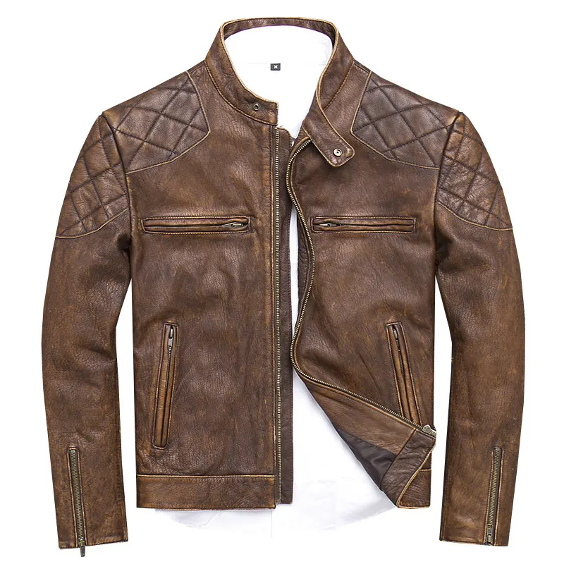 

HARLEY DAMSON Vintage Brown Men American Casual Style Motorcycle Leather Jacket Plus Size 3XL Spring Slim Fit Genuine Biker Coat