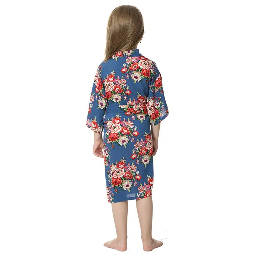 От 2 до 13 лет, детское кимоно для девочек, халат, летняя детская одежда для сна, мягкий хлопковый Халат с рисунком цветка для девочек-подростков темно-синего цвета