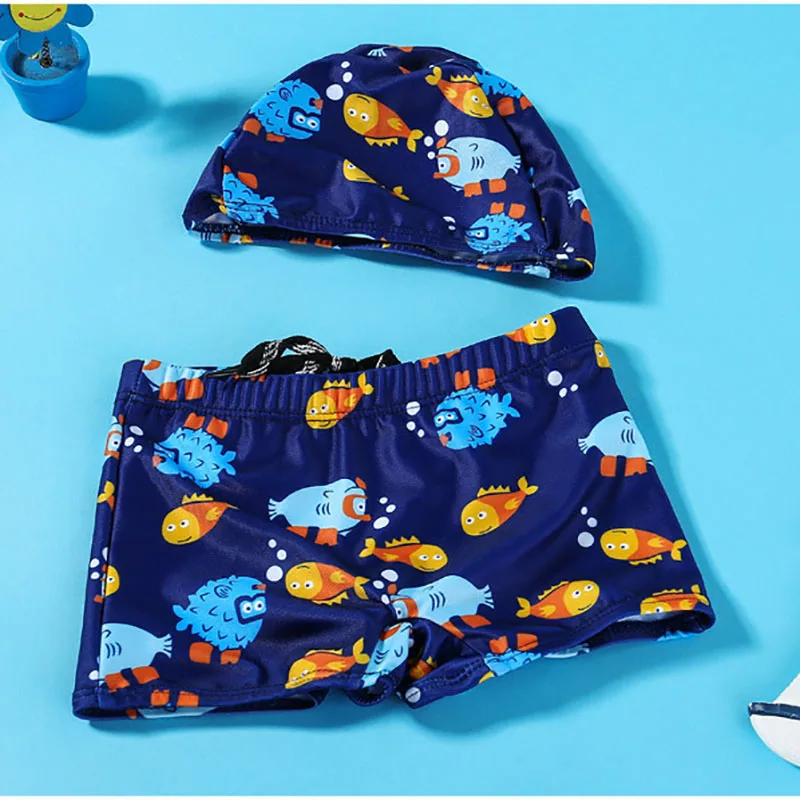 

Baby Boys Swimming Briefs and Caps Two Pieces Sets Cartoon Fishes Cars Blue Beach Pants Kids Children Printed Boys Swimsuit