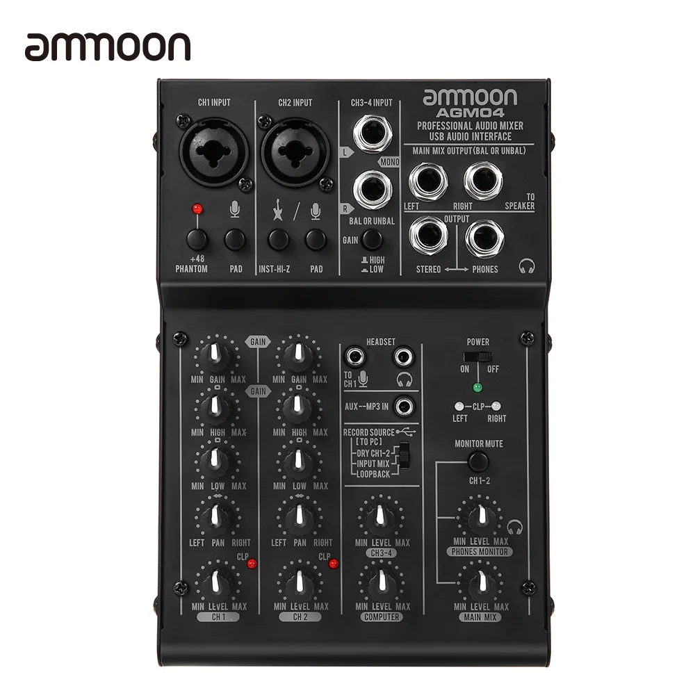 4 канальный микшерный пульт ammoon цифровой аудиомиксер 2 полосный EQ встроенный 48 В