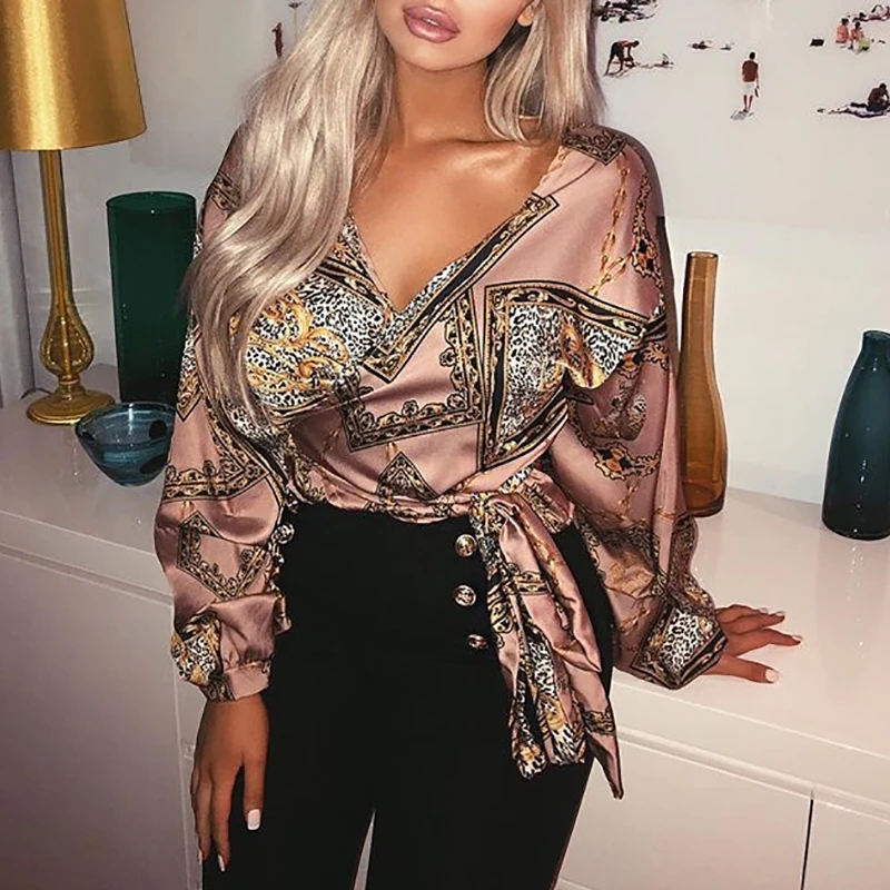 

2019 Spring Fashion Women Elegant V-Neck High Street Causal Party Shirt Vintage Female Tie Waist Bishop Sleeve Wrap Blouse