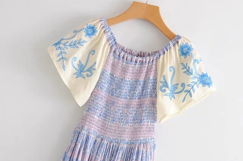 Shemujersky Cold Shoulder Dress Для женщин длинное богемное платье Белый Платья для женщин синий Цветочный Bodycon с открытыми плечами Vestidos