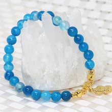 High grade gold-color spacer blue natural agat onyx carnelian stone round beads 6mm women strand bracelet jewelry 7.5inch B1924