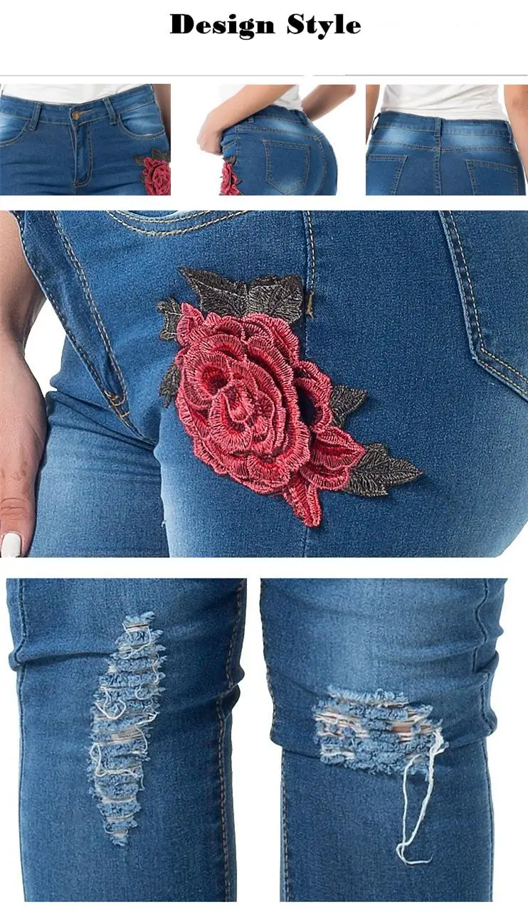 Nducjsi 2018 Новый аппликация украшения Тонкий Push Up Хип карандаш джинсовые штаны модные вышитые отверстие Высокая талия эластичные Для женщин