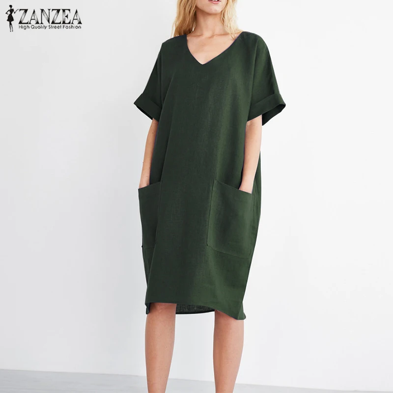 2019 ZANZEA الصيف النساء V الرقبة قصيرة الأكمام جيوب فضفاض الصلبة قميص Vestido عارضة أنيقة القطن الكتان العمل اللباس زائد حجم