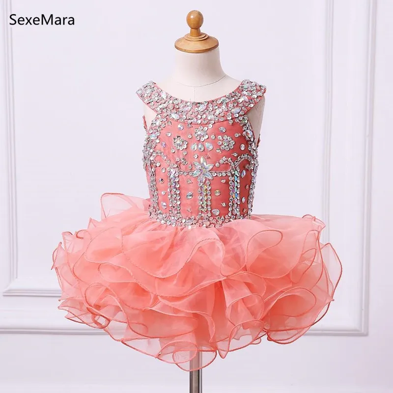 

Orange Puffy Baby Girls First Birthday Dress Crystals Beading Knee Length Kids Party Formal Dress For Little Girls with Bow