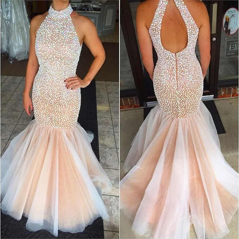 

2016 New Arrivals Custom Made Charming Evening Dresses Handmade Sexy Mermaid Crystal Sleeveless Tulle Prom Gowns