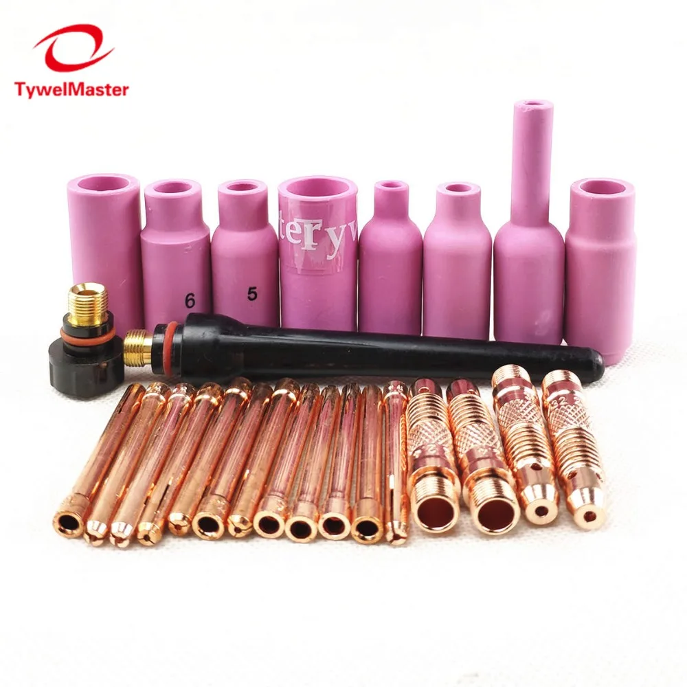 Argon TIG Welding Torch Consumable Tungsten Electrode Collet Body Alumina Nozzle Long Short Cap 26pcs WP18 WP17 WP26 TIG Kits