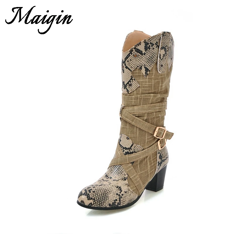 Maigin 2018 New Winter Boots Women Pointed Toe Button Womens Boots Roman Cool Ladies Shoes Sexy Serpentine Winter Shoes Women
