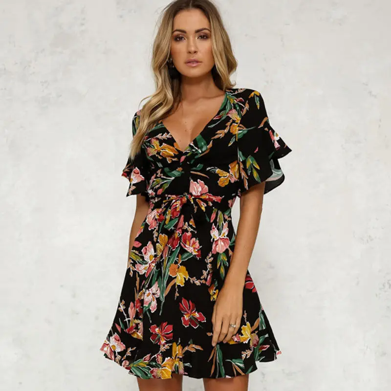 

Charmed Floral Printing Short Sleeve Summer Dress Sexy V Lead Lotus Leaf Woman Bandage Elegant Dress Vestiti Donna wy*