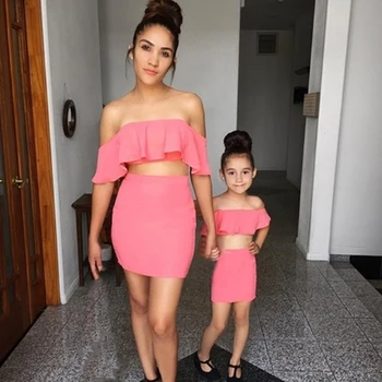 

Mother and Daughter Boho tops skirts Fashion Parent-child Off-shoulder top Family Matching Outfits Mom Half Sleeve 2-piece set