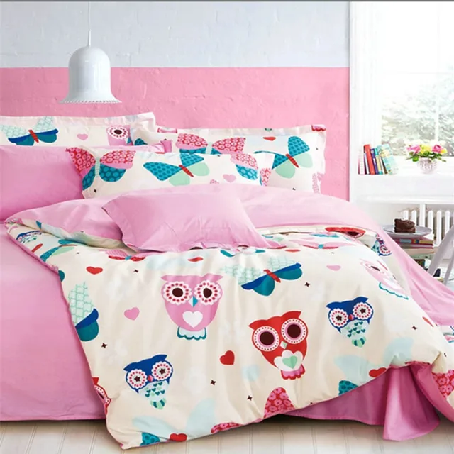 Free shipping pink owl bedding set 4pcs 100 cotton twin/full/queen
