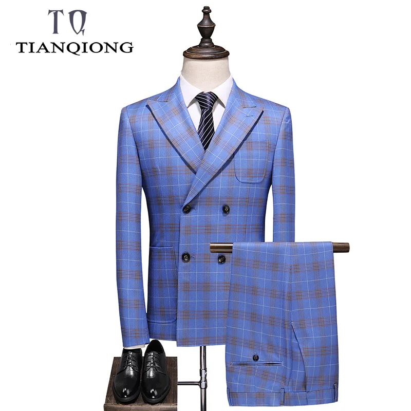 Double Breasted Plaid Suit for Men Light Blue Mens Suits Designers 2019 Terno Slim Fit Masculino Groom Wedding Suit Man Double Breasted Plaid Suit for Men Light Blue Mens Suits Designers 2019 Terno Slim Fit Masculino Groom Wedding Suit Man