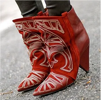 

Black Red Dress Boots Totem Embroidery Boots Top Quality Slip-On Mid Calf Boots Zapatos Mujer Mixed Color Spike Heels Boots