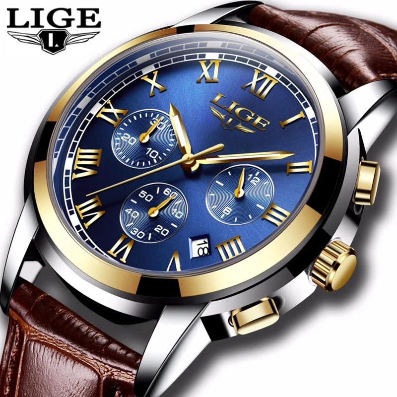 LIGE, мужские часы, Лидирующий бренд, роскошные золотые кварцевые часы, мужские деловые часы, модные кожаные водонепроницаемые спортивные часы, Relogio Masculino