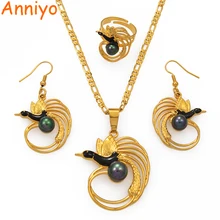 Anniyo зеленый черный жемчуг птица ожерелье серьги наборы колец для женщин золотой цвет Papua New Guinea фоны Свадебные украшения#196806