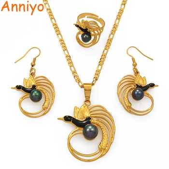 

Anniyo Green Black Pearl Bird Necklace Earrings Ring Sets for Women Gold Color Papua New Guinea PNG Wedding Jewelry #196806