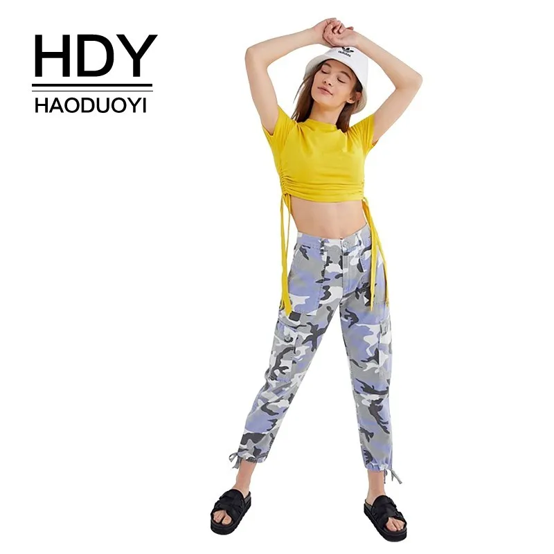 

HDY Haoduoyi 2019 Street Style Fashion Leisure Sexy Round Neck Tops Side Elastic Folds Ribbon Solid Color Short Female T-shirt