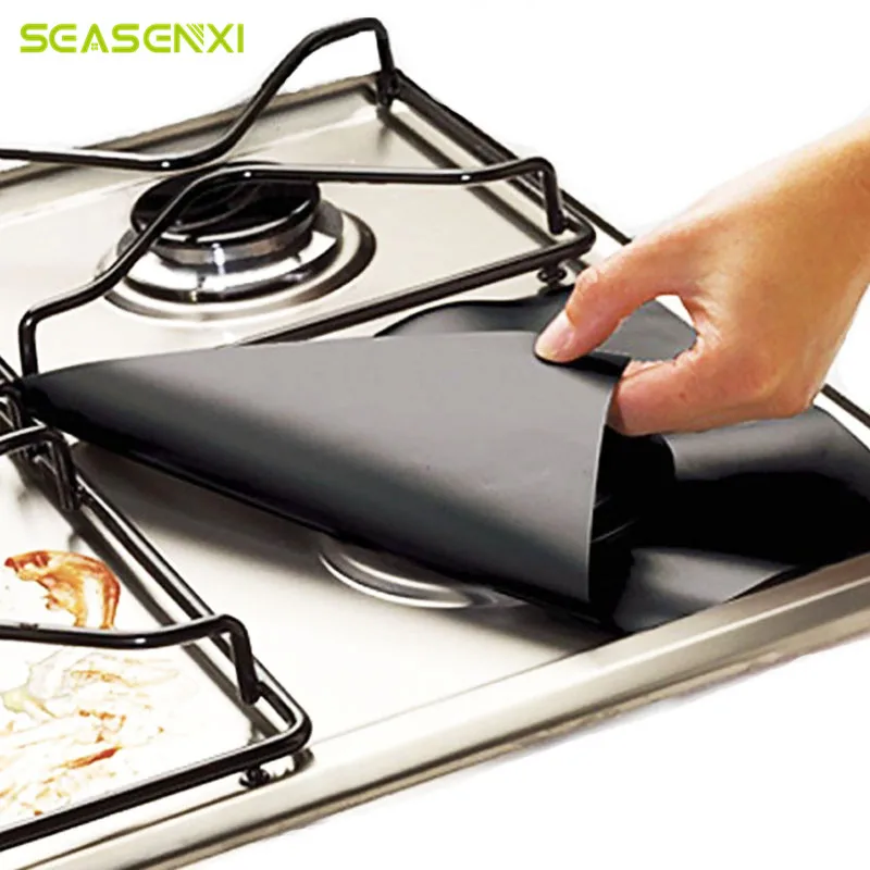 

4Pcs/set Reusable Foil Gas Hob Range Stovetop Burner Protector Liner Cover For Cleaning Kitchen Tools 27 x27cm Black