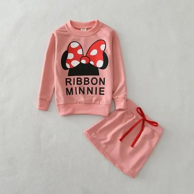 Одежда для девочек; Весенняя толстовка с длинными рукавами и юбка с принтом Минни Маус; комплект одежды для малышей - Цвет: T30044-pink