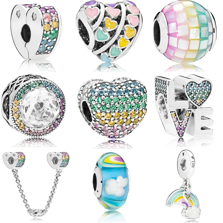 

2018 New Authentic 925 Sterling Silver Rainbow series clip Safety chain MOSAIC Charm Fit pandora Bracelet Bead DIY Jewelry