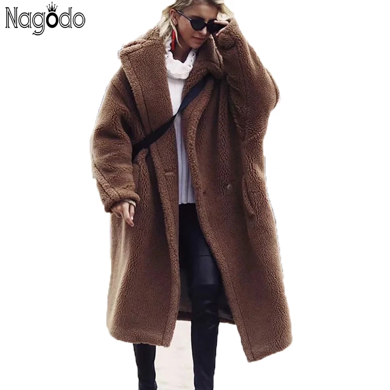 Nagodo teddy coat 2018 winter long faux fur coat women brown red casual lamb wool coat warm oversized furry plush coat plus size