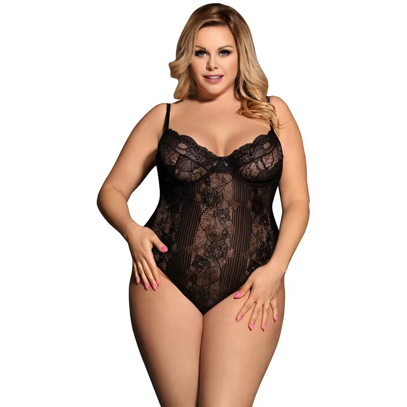 Lace Body Femme Sexy See Though White Black Floral Sheer  Plus Size Bodysuit M XL 3XL 5XL Rompers Womens Jumpsuit R80536