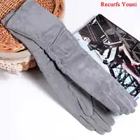 2019 Fall/Winter Fashion Women Pigskin Suede Genuine Leather Fold Long Glove Lady 30/40/50cm Black/Pink/Red Classic Luvas Mujer