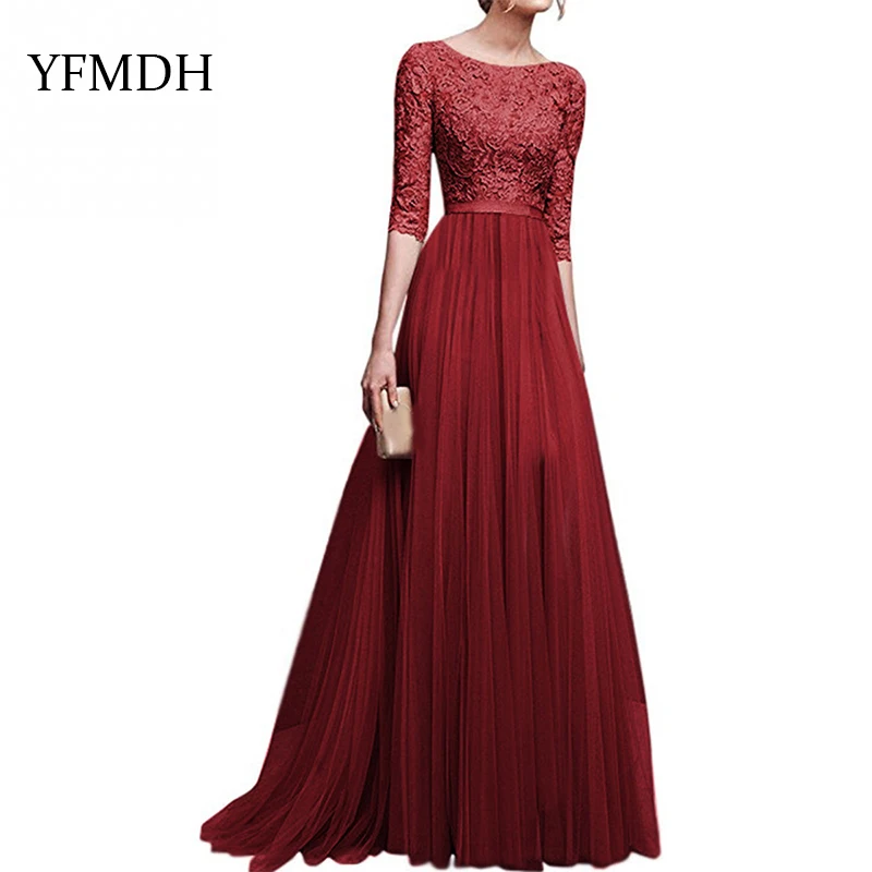 

Women Elegant Chiffon Lace Long Evening Dresses Floor Length High Waist Prom Party Dress Female Spring Clothes Plus Size S-5XL