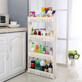 

White High Quality 4 Tier Storage Shelf Shifted Niche Trolley with Four Caster for Kitchen Bathroom Storage Room FR Stocked HWC