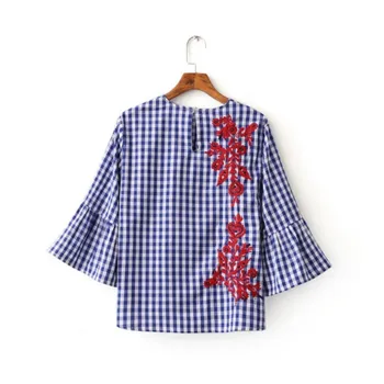 

Women three quarter flare sleeve shirts floral embroidery plaid blouse cotton loose streetwear tops blusas