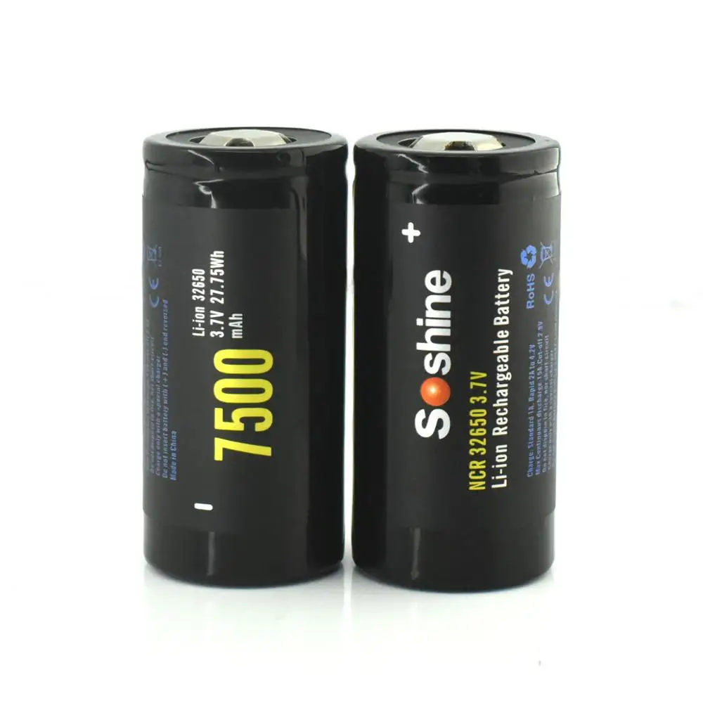 Soshine ncr 32650 7500mah 27 75wh 3 7v flat top li ion rechargeable
