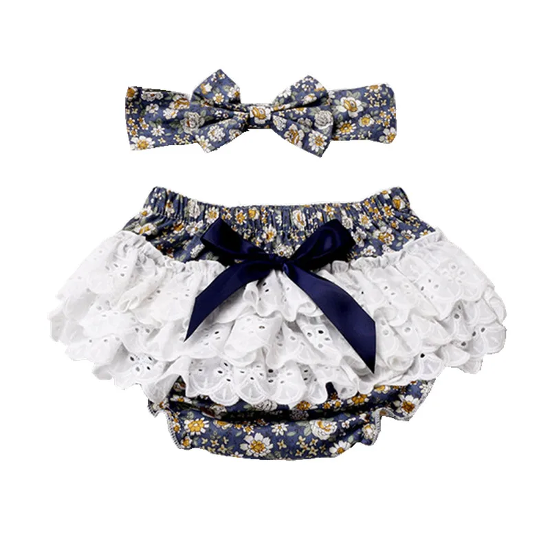 

Cotton Toddler Baby Girls Shorts Lace Floral Ruffle Bloomers Headband 2Pcs New Vintage Prints Newborn Washable Diapers Cover