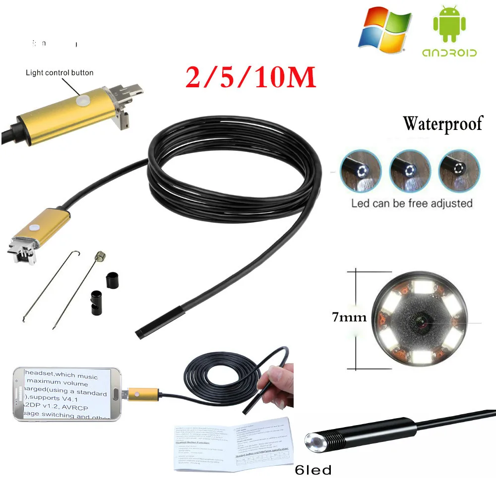 2 м 5 10 эндоскоп 7 мм Объектив Золотой OTG USB Android адаптер HD камера осмотр бороскоп