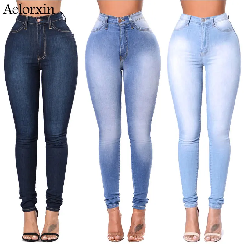 Günstige 2020 dünne Jeans für Frauen Dünne Hohe Taille Jeans Frau Blau Denim Bleistift Hosen Stretch Taille Frauen Jeans Hosen Calca feminina