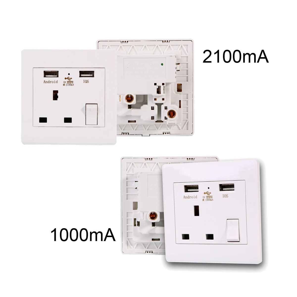 2A USB Outlets Wall Single Electric Plug Socket 1 Gang Built in USB