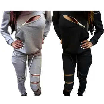 

Sportsuit Women's 2pcs/set Suits Tracksuit Fashion Slim Zipper Chest Sexy Long Sleeve Hoodies Sweatshirt+Pants Hip Pop Suit