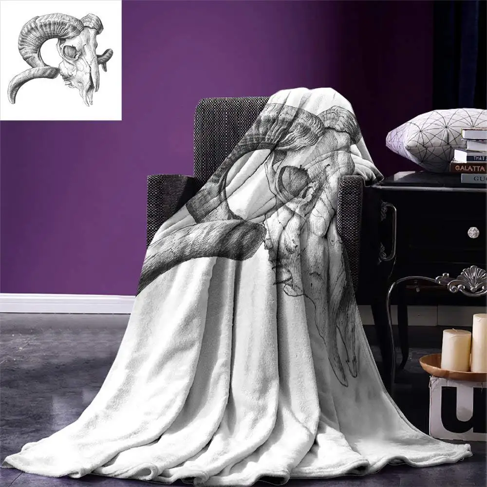 

Skull Throw Blanket Scary Mountain Goat Animal Skull Illustration in Dark Colors Dead Horns Wild Nature Warm Microfiber Blanket