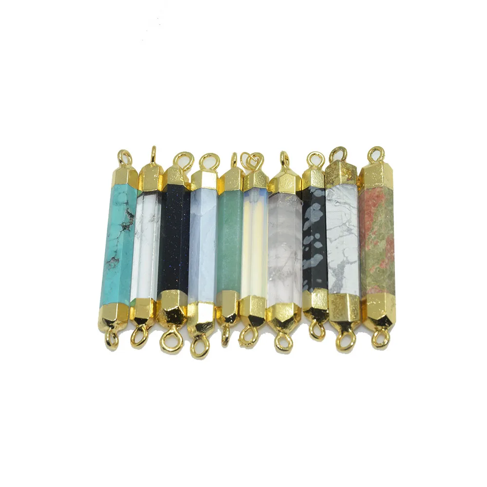 

5ps Small Faceted hexagon prism natural gem stone charm pendant marble druzy howlite crystal quartz connectors with Gold Plating