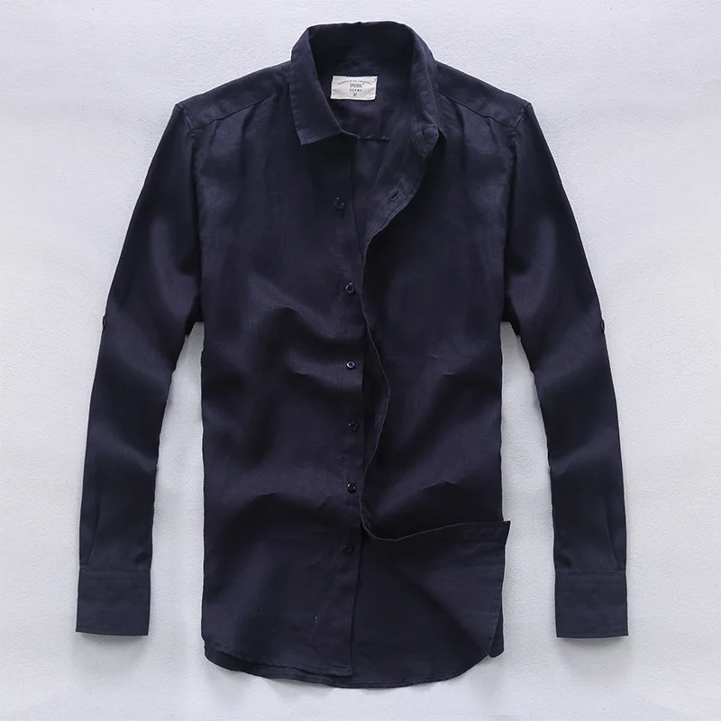 Navy blue summer men's clothing linen shirt male long sleeve loose plus size casual shirtin
