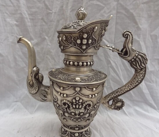 

JP S62 10" Chinese Silver Carved Dragon Head Lion Statue Brass Wine Pot Teapot Flagon