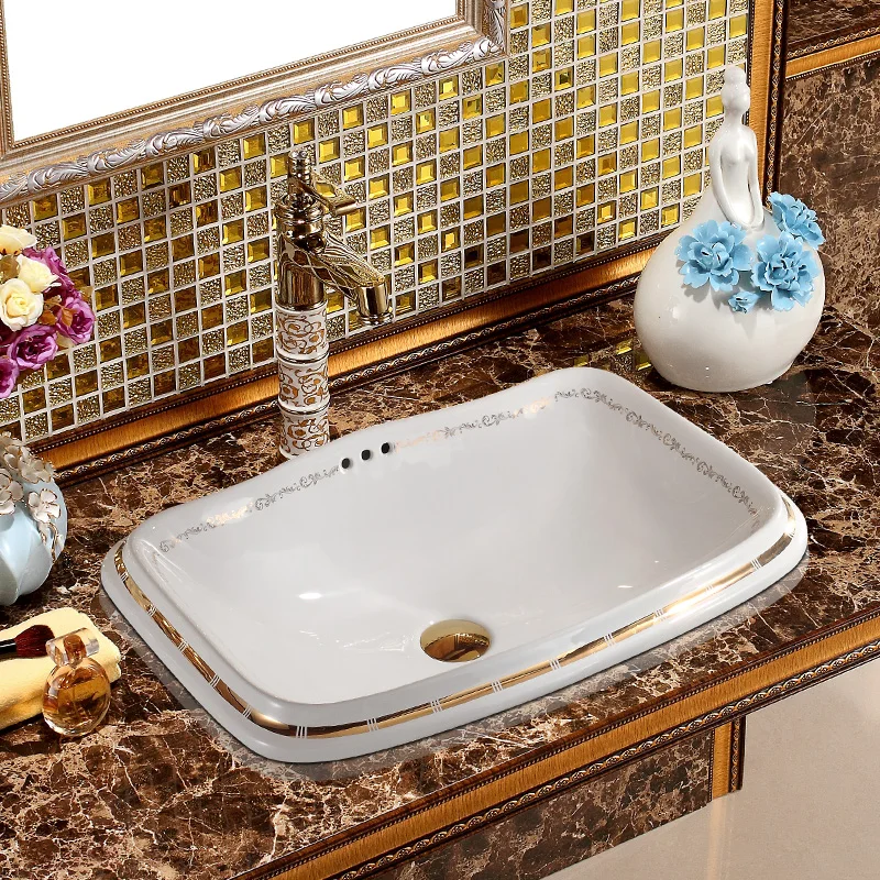 Lavatory wash basin  Rectangular Artistic Porcelain Ceramic Semi Countertop Bathroom Sink Art Basin With Overflow (1)
